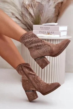 Clearance Damskie buty S.Barski Zdobione Ażurowe Botki Damskie Na Słupku Z Eko Zamszu Brązowe S.Barski HY42-029 Brązowy