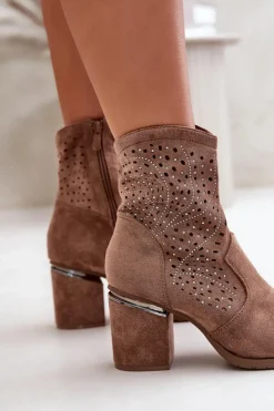 Clearance Damskie buty S.Barski Zdobione Ażurowe Botki Damskie Na Słupku Z Eko Zamszu Brązowe S.Barski HY42-029 Brązowy