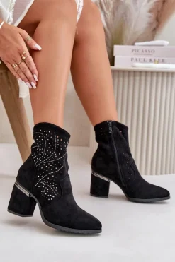 Sale Damskie buty S.Barski Zdobione Ażurowe Botki Damskie Na Słupku Z Eko Zamszu Czarne S.Barski HY42-029 Czarny