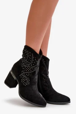 Sale Damskie buty S.Barski Zdobione Ażurowe Botki Damskie Na Słupku Z Eko Zamszu Czarne S.Barski HY42-029 Czarny