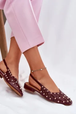 Boto Sandały Płaskie*Zdobione Baleriny Na Płaskim Obcasie Bordowe Nilarisela Czerwony