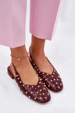 Boto Sandały Płaskie*Zdobione Baleriny Na Płaskim Obcasie Bordowe Nilarisela Czerwony