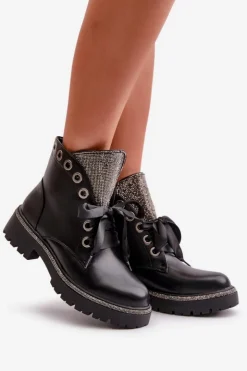 Boto Botki Sznurowane|Botki Płaskie*Zdobione Botki Damskie Eko Skórzane Ocieplane Czarne Rilatha