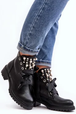 Boto Botki Sznurowane|Botki Zimowe Damskie*Zdobione Botki Damskie Na Suwak Czarne Elonte