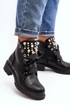 Boto Botki Sznurowane|Botki Zimowe Damskie*Zdobione Botki Damskie Na Suwak Czarne Elonte