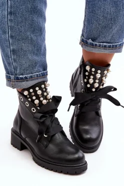 Boto Botki Sznurowane|Botki Zimowe Damskie*Zdobione Botki Damskie Na Suwak Czarne Elonte