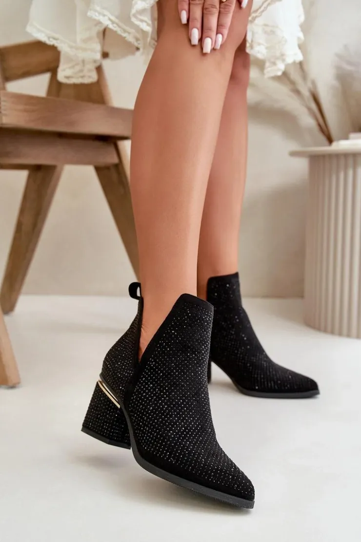 Boto Botki Na Obcasie|Botki Zamszowe*Zdobione Botki Damskie Na Obcasie Z Noskami W Szpic Czarne Fararia