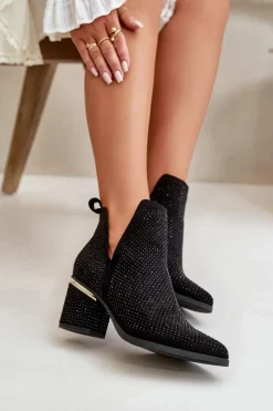 Boto Botki Na Obcasie|Botki Zamszowe*Zdobione Botki Damskie Na Obcasie Z Noskami W Szpic Czarne Fararia