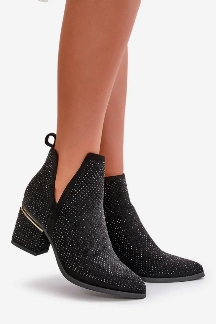 Boto Botki Na Obcasie|Botki Zamszowe*Zdobione Botki Damskie Na Obcasie Z Noskami W Szpic Czarne Fararia