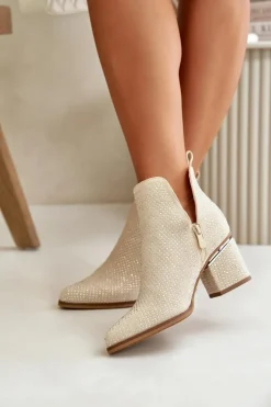 Online Boto Zdobione Botki Damskie Na Obcasie Z Noskami W Szpic Beżowe Fararia