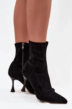D&A Botki Na Obcasie|Botki Zamszowe*Zdobione Botki Damskie Na Szpilce JC52-882 Czarne