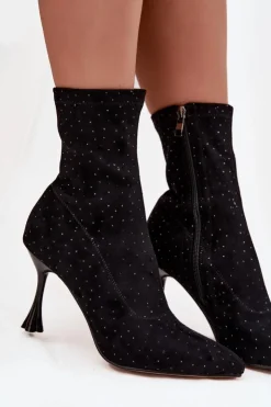 D&A Botki Na Obcasie|Botki Zamszowe*Zdobione Botki Damskie Na Szpilce JC52-882 Czarne