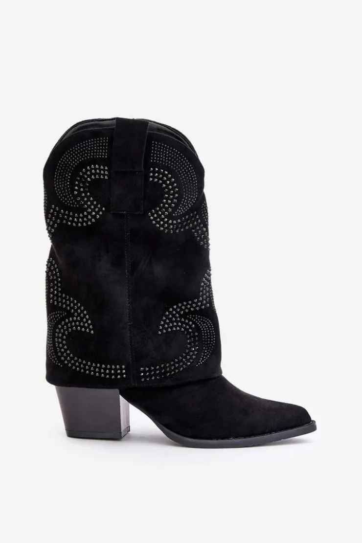 Damskie buty S.Barski Botki Na Słupku|Czarne Botki*Zdobione Botki Kowbojki Do Połowy Łydki Na Słupku S.Barski HY42-153 Czarne Czarny