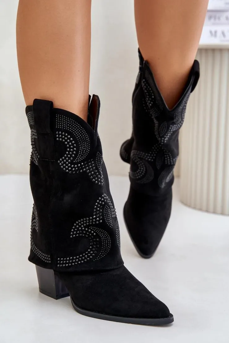 Damskie buty S.Barski Botki Na Słupku|Czarne Botki*Zdobione Botki Kowbojki Do Połowy Łydki Na Słupku S.Barski HY42-153 Czarne Czarny