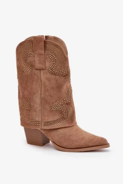 Damskie Damskie buty S.Barski Zdobione Botki Kowbojki Do Połowy Łydki Na Słupku S.Barski HY42-153 Camel