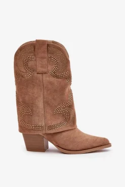 Damskie Damskie buty S.Barski Zdobione Botki Kowbojki Do Połowy Łydki Na Słupku S.Barski HY42-153 Camel
