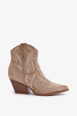 Boto Botki Na Słupku|Brązowe I Beżowe Botki*Zdobione Botki Kowbojki Na Obcasie Beżowe Kaivina