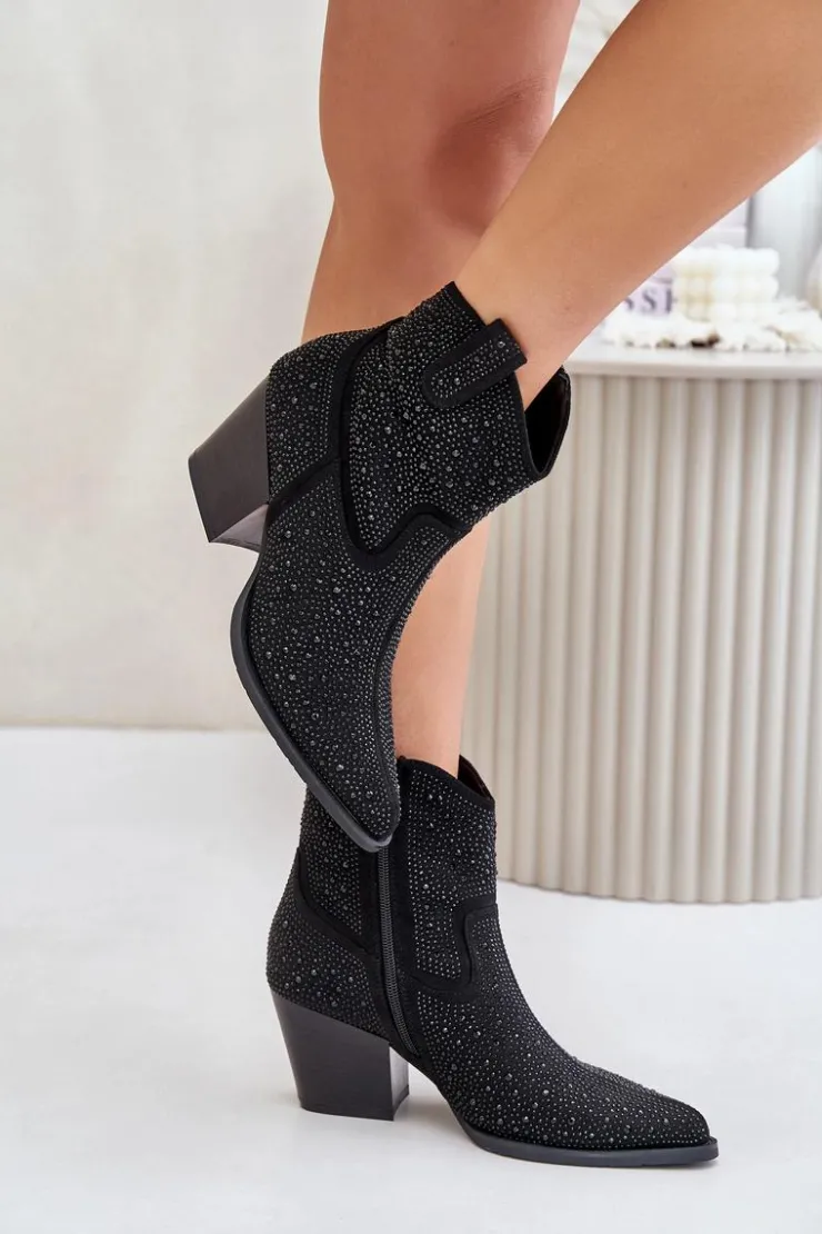 Clearance Damskie buty S.Barski Zdobione Botki Kowbojki Na Obcasie Z Noskami W Szpic S.Barski HY42-121 Czarne