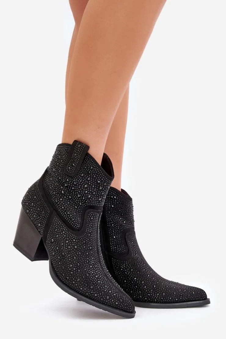 Clearance Damskie buty S.Barski Zdobione Botki Kowbojki Na Obcasie Z Noskami W Szpic S.Barski HY42-121 Czarne