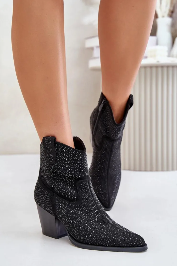 Clearance Damskie buty S.Barski Zdobione Botki Kowbojki Na Obcasie Z Noskami W Szpic S.Barski HY42-121 Czarne