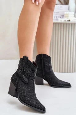 Clearance Damskie buty S.Barski Zdobione Botki Kowbojki Na Obcasie Z Noskami W Szpic S.Barski HY42-121 Czarne