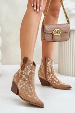Hot Boto Zdobione Botki Kowbojki Na Obcasie Camel Kaivina