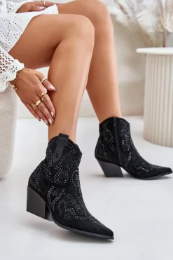 Damskie Boto Zdobione Botki Kowbojki Na Obcasie Czarne Kaivina