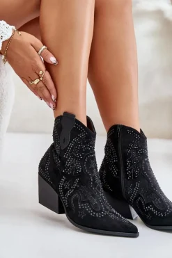 Damskie Boto Zdobione Botki Kowbojki Na Obcasie Czarne Kaivina
