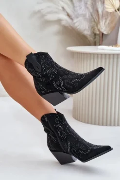 Damskie Boto Zdobione Botki Kowbojki Na Obcasie Czarne Kaivina