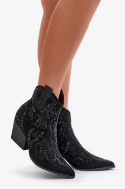 Damskie Boto Zdobione Botki Kowbojki Na Obcasie Czarne Kaivina