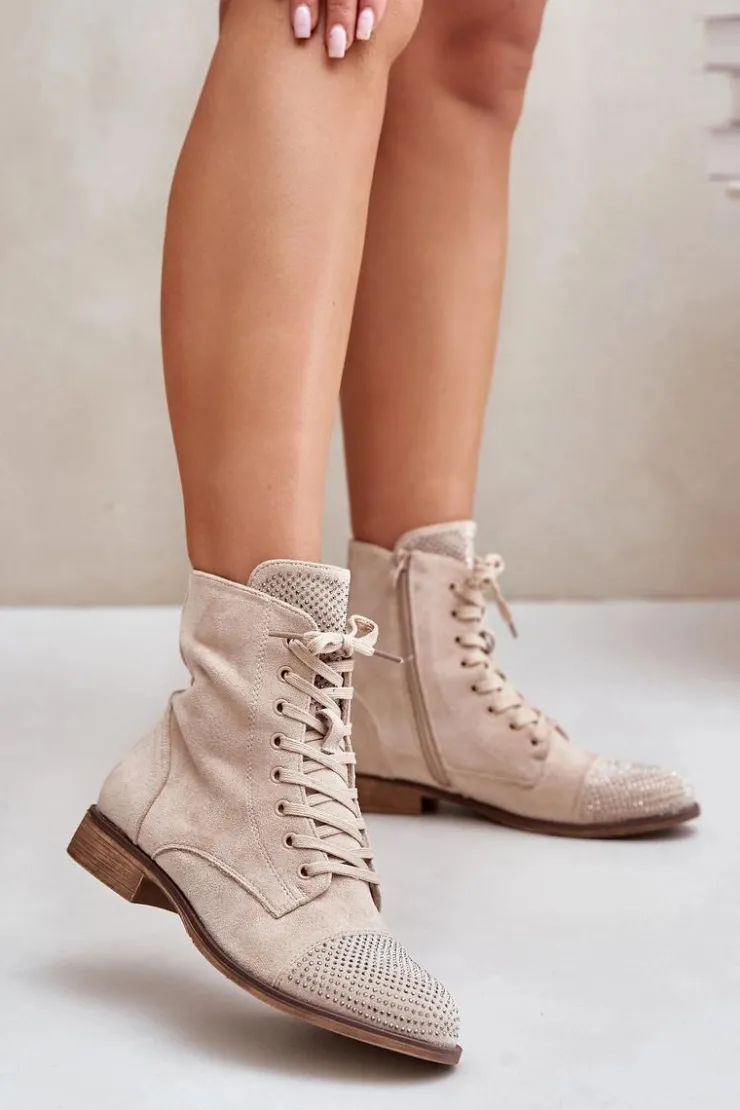 Boto Botki Ocieplane|Botki Sznurowane*Zdobione Botki Na Płaskim Obcasie Eko Zamszowe Ocieplane Jasnobeżowe Ellieo Beżowy