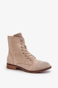 Boto Botki Ocieplane|Botki Sznurowane*Zdobione Botki Na Płaskim Obcasie Eko Zamszowe Ocieplane Jasnobeżowe Ellieo Beżowy
