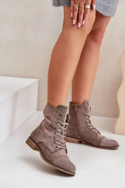 Boto Botki Ocieplane|Botki Sznurowane*Zdobione Botki Na Płaskim Obcasie Eko Zamszowe Ocieplane Brązowe Ellieo Brązowy
