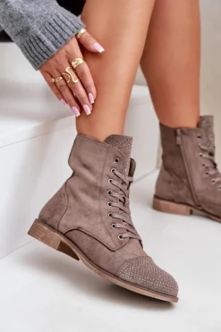 Boto Botki Ocieplane|Botki Sznurowane*Zdobione Botki Na Płaskim Obcasie Eko Zamszowe Ocieplane Brązowe Ellieo Brązowy