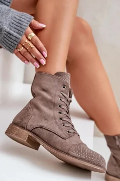 Boto Botki Ocieplane|Botki Sznurowane*Zdobione Botki Na Płaskim Obcasie Eko Zamszowe Ocieplane Brązowe Ellieo Brązowy