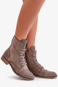 Boto Botki Ocieplane|Botki Sznurowane*Zdobione Botki Na Płaskim Obcasie Eko Zamszowe Ocieplane Brązowe Ellieo Brązowy