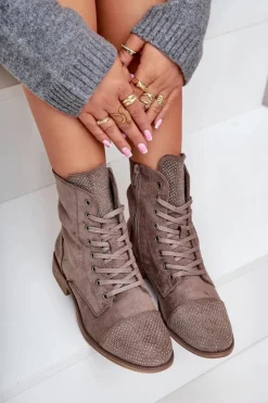 Boto Botki Ocieplane|Botki Sznurowane*Zdobione Botki Na Płaskim Obcasie Eko Zamszowe Ocieplane Brązowe Ellieo Brązowy