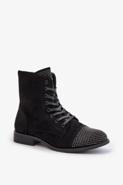 Discount Boto Zdobione Botki Na Płaskim Obcasie Eko Zamszowe Ocieplane Czarne Ellieo Czarny