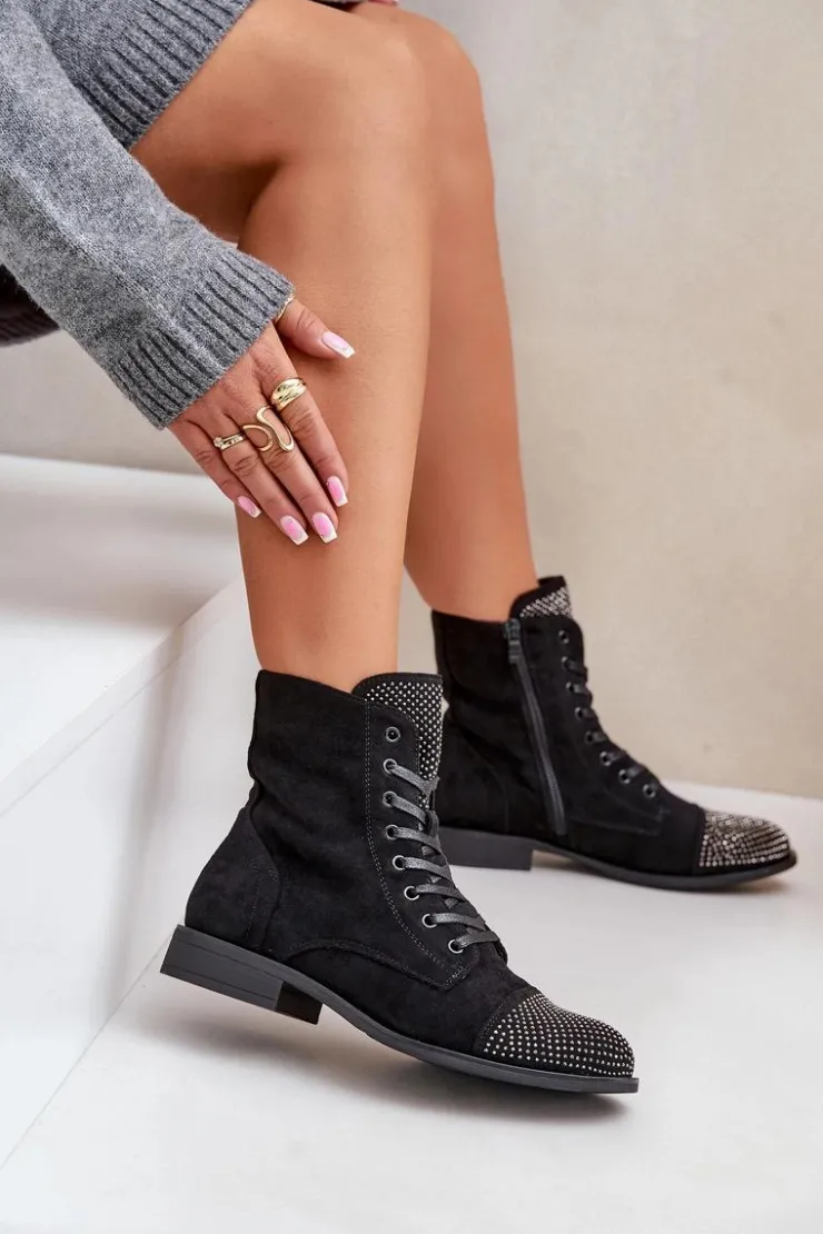 Discount Boto Zdobione Botki Na Płaskim Obcasie Eko Zamszowe Ocieplane Czarne Ellieo Czarny