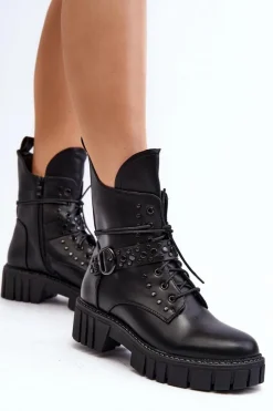 Boto Botki Sznurowane|Czarne Botki*Zdobione Botki Workery Damskie Czarne Vestara