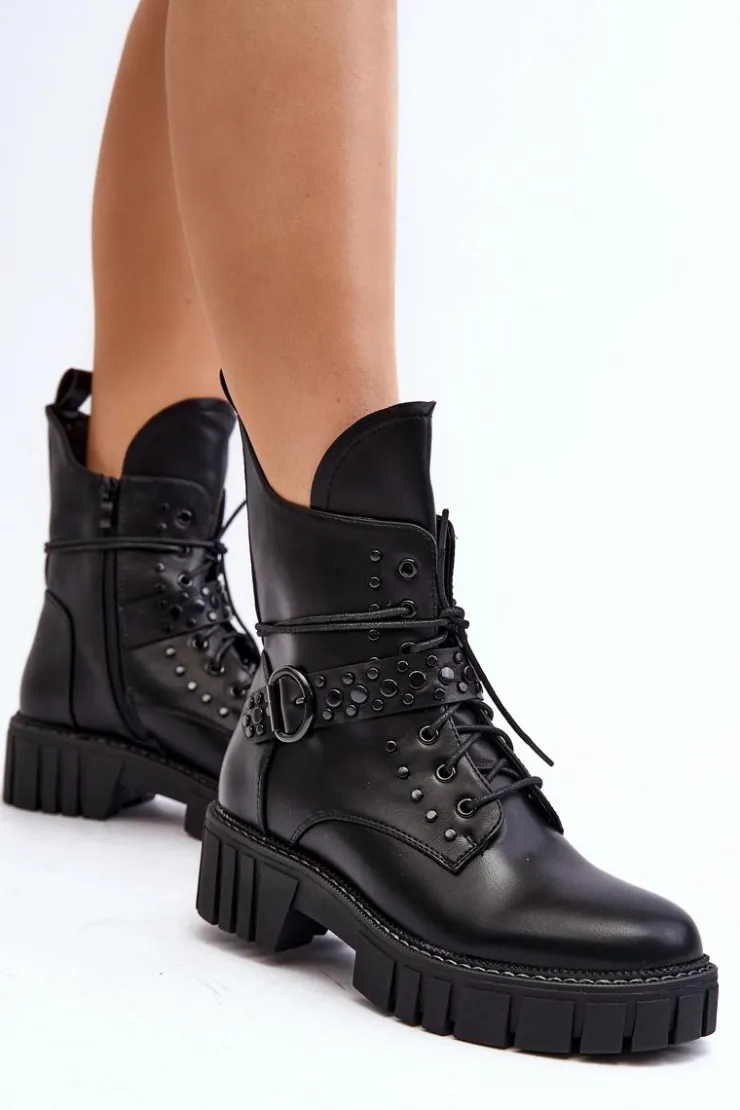 Boto Botki Sznurowane|Czarne Botki*Zdobione Botki Workery Damskie Czarne Vestara