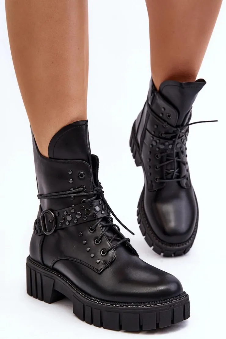 Boto Botki Sznurowane|Czarne Botki*Zdobione Botki Workery Damskie Czarne Vestara