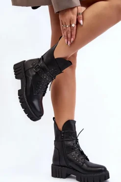 Boto Botki Sznurowane|Czarne Botki*Zdobione Botki Workery Damskie Czarne Vestara