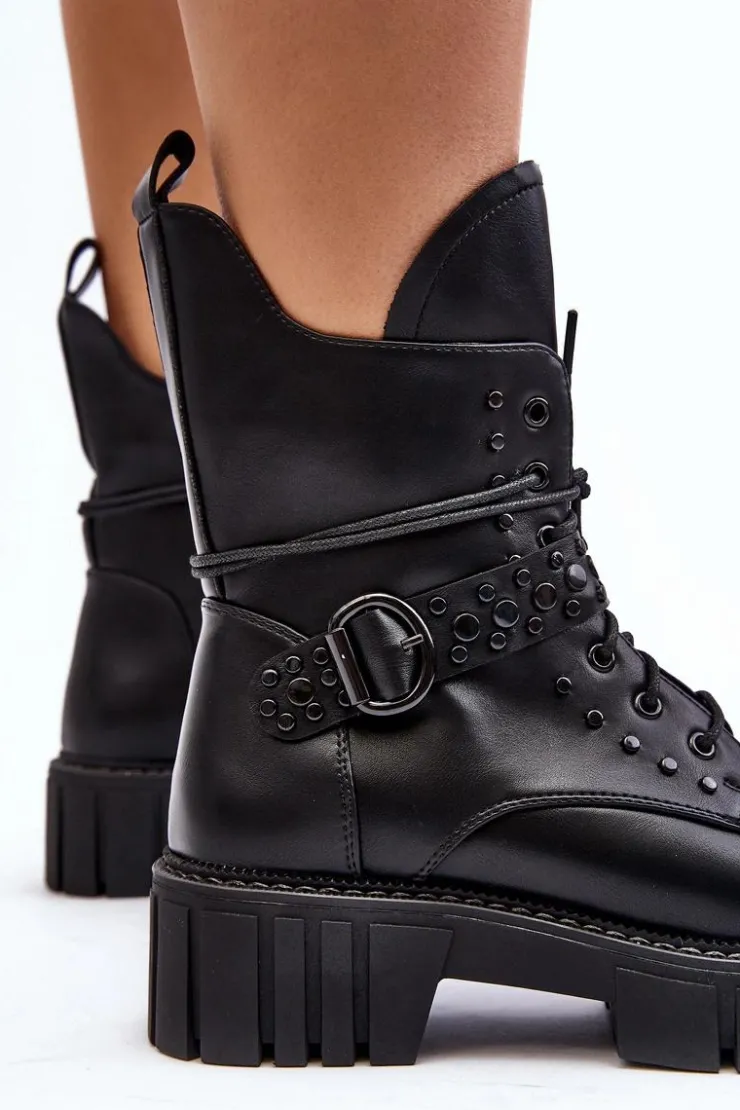 Boto Botki Sznurowane|Czarne Botki*Zdobione Botki Workery Damskie Czarne Vestara