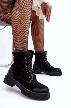 Damskie Boto Zdobione Botki Workery Damskie Na Suwak Czarne Santelia