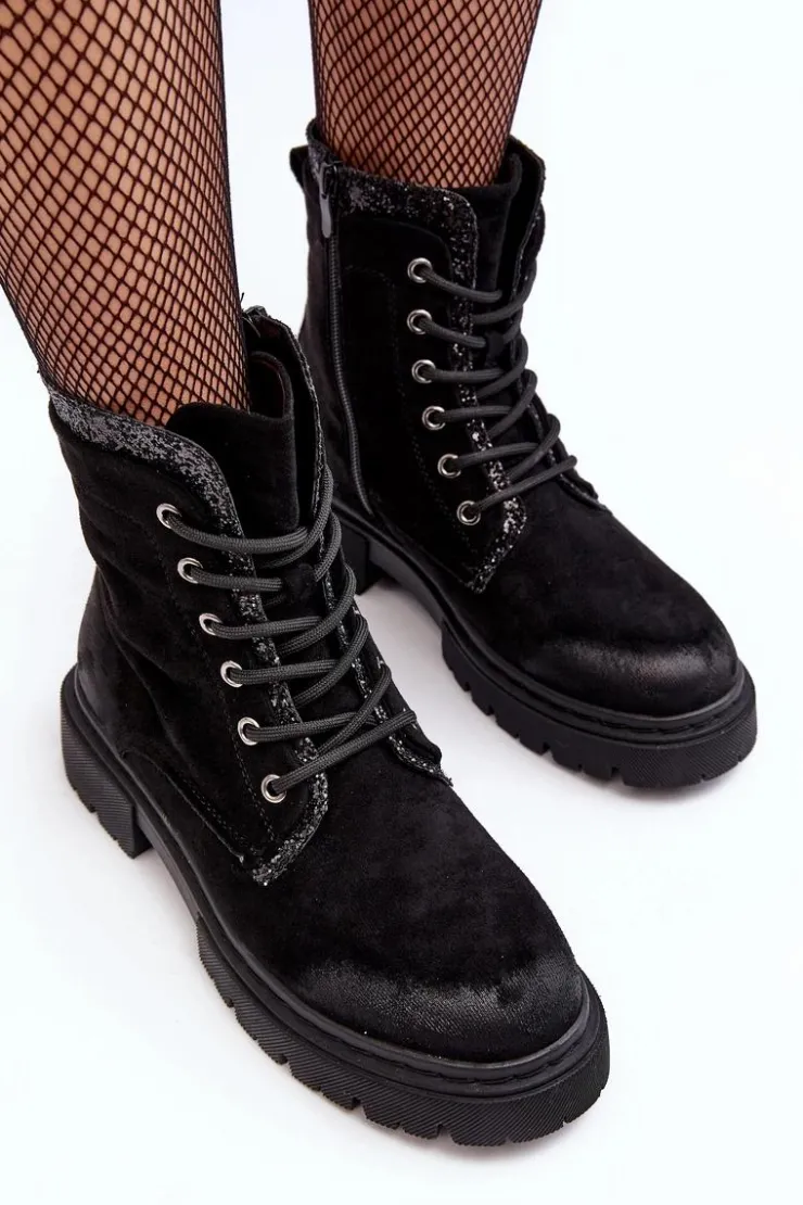 Damskie Boto Zdobione Botki Workery Damskie Na Suwak Czarne Santelia