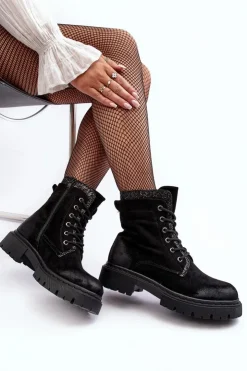 Damskie Boto Zdobione Botki Workery Damskie Na Suwak Czarne Santelia