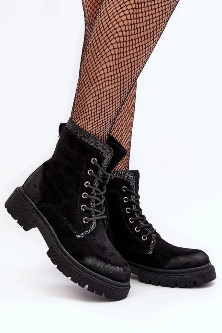 Damskie Boto Zdobione Botki Workery Damskie Na Suwak Czarne Santelia