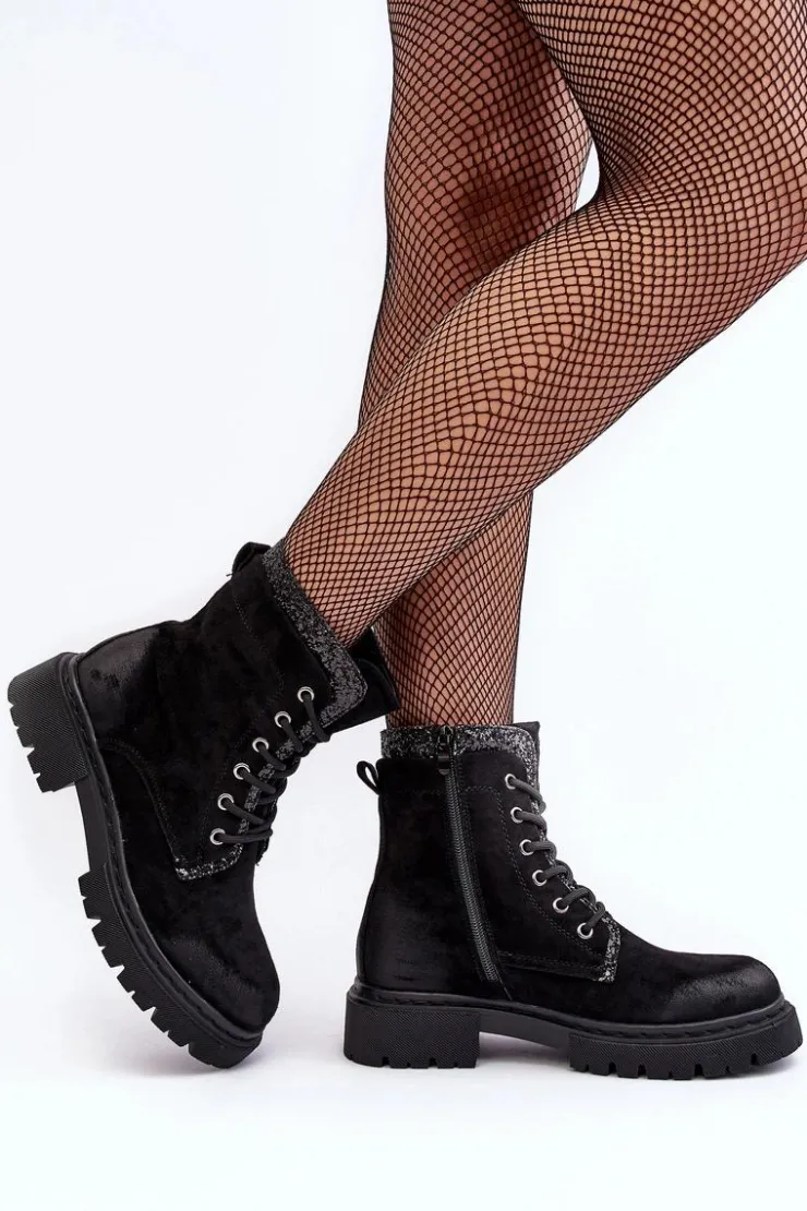 Damskie Boto Zdobione Botki Workery Damskie Na Suwak Czarne Santelia