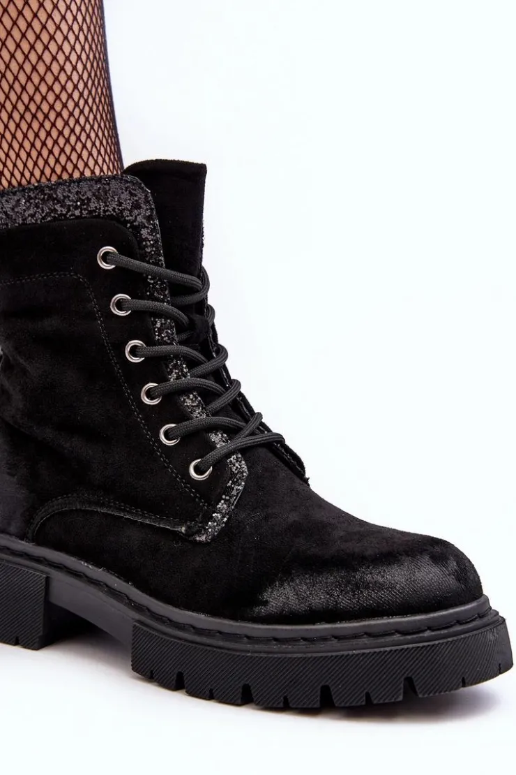 Damskie Boto Zdobione Botki Workery Damskie Na Suwak Czarne Santelia